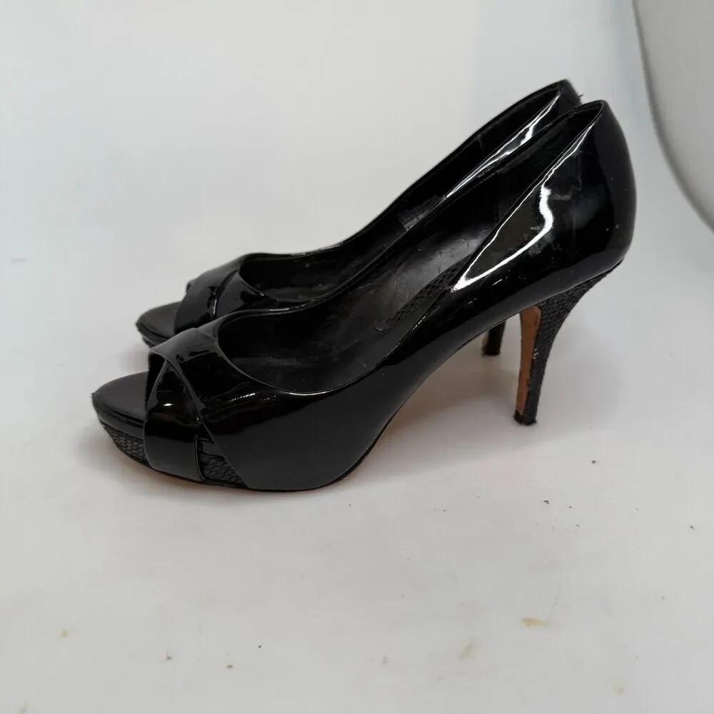 White House Black Market Black Leather Open-Toe Heel 3.5″ Size 7.5M Leather